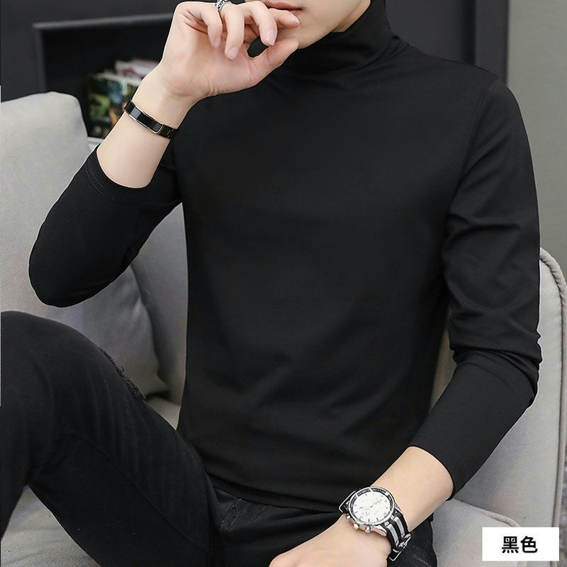 男士高领打底衫潮牌修身长袖纯棉T恤秋季内搭上衣潮流薄款体恤衫