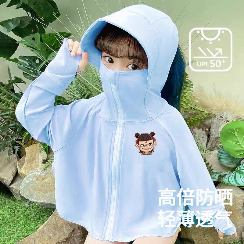 哪吒儿童遮阳斗篷男女童夏季户外冰丝透气卡通宝宝防紫外线防晒衣