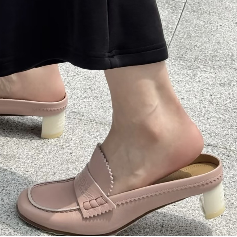 小牛皮英伦包头中跟穆勒半拖鞋女