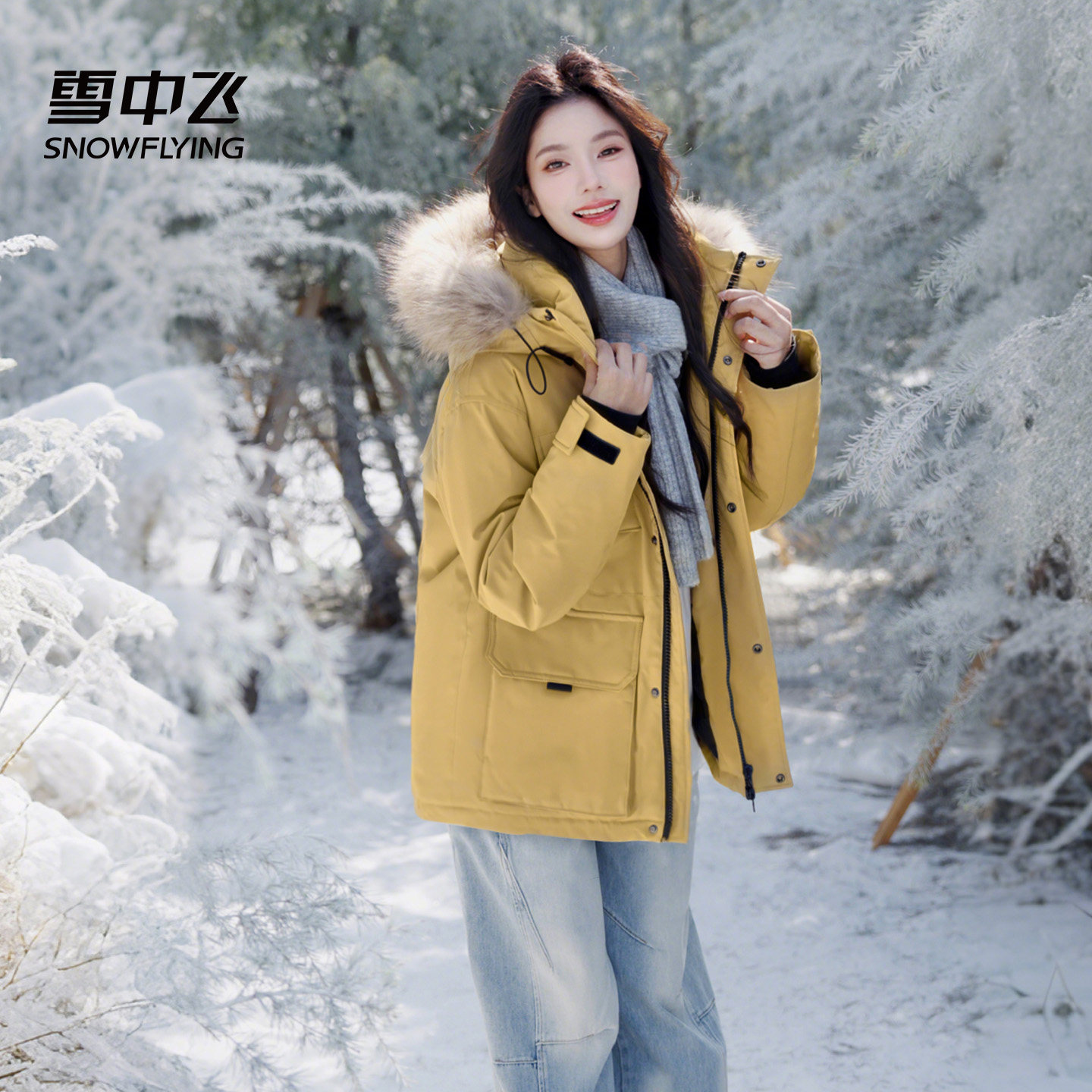 雪中飞派克羽绒服女冬季2026新款工装情侣加厚外套大毛领鸭绒保暖
