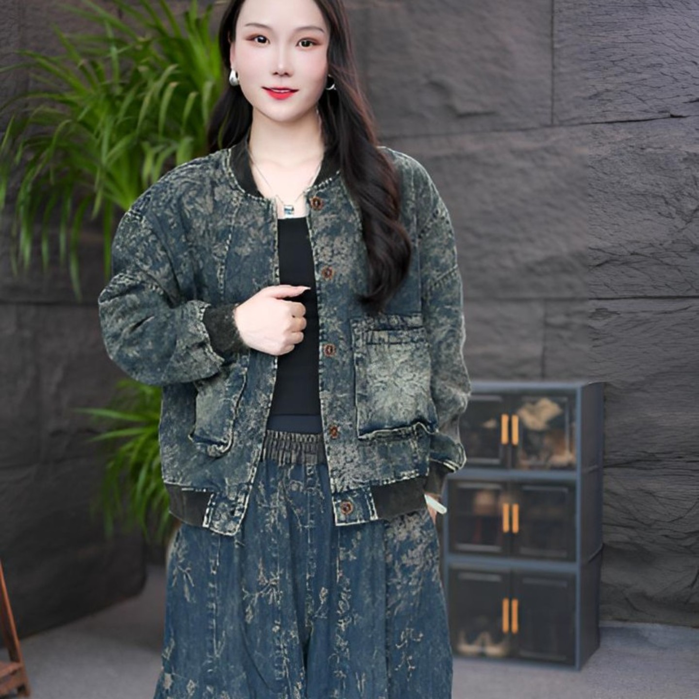韩系复古牛仔外套秋季新款提花棒球领短款女蝙蝠袖短外套休闲上衣