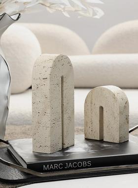 Wabi-Sabi风格创意几何彷石灰华书柜装饰客厅电视柜书房桌面高端