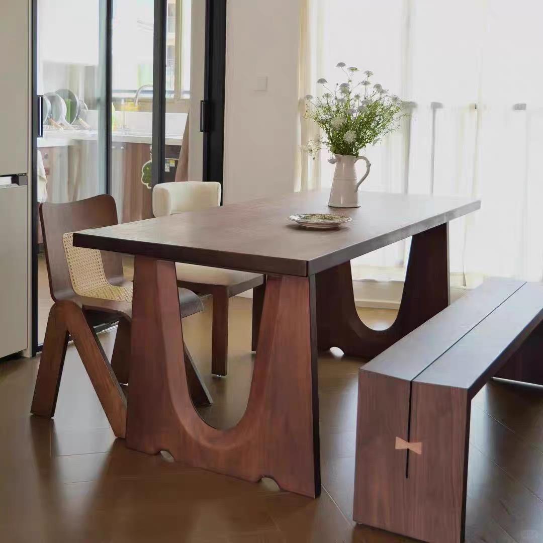 北欧实木餐桌中古风长方形饭桌黑胡桃木色原木大板桌长桌轻奢书桌