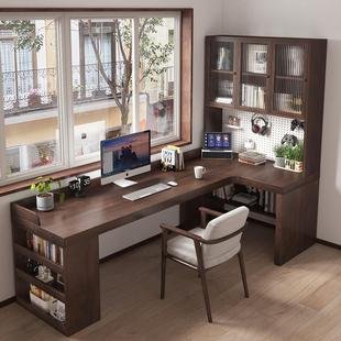 全实木转角书桌书柜一体l型办公工作台式家用拐角电脑桌书架组合