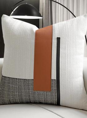 白色棉麻拼接橙色黑色Pu皮革50厘米大方形枕头现代无障碍豪华样板