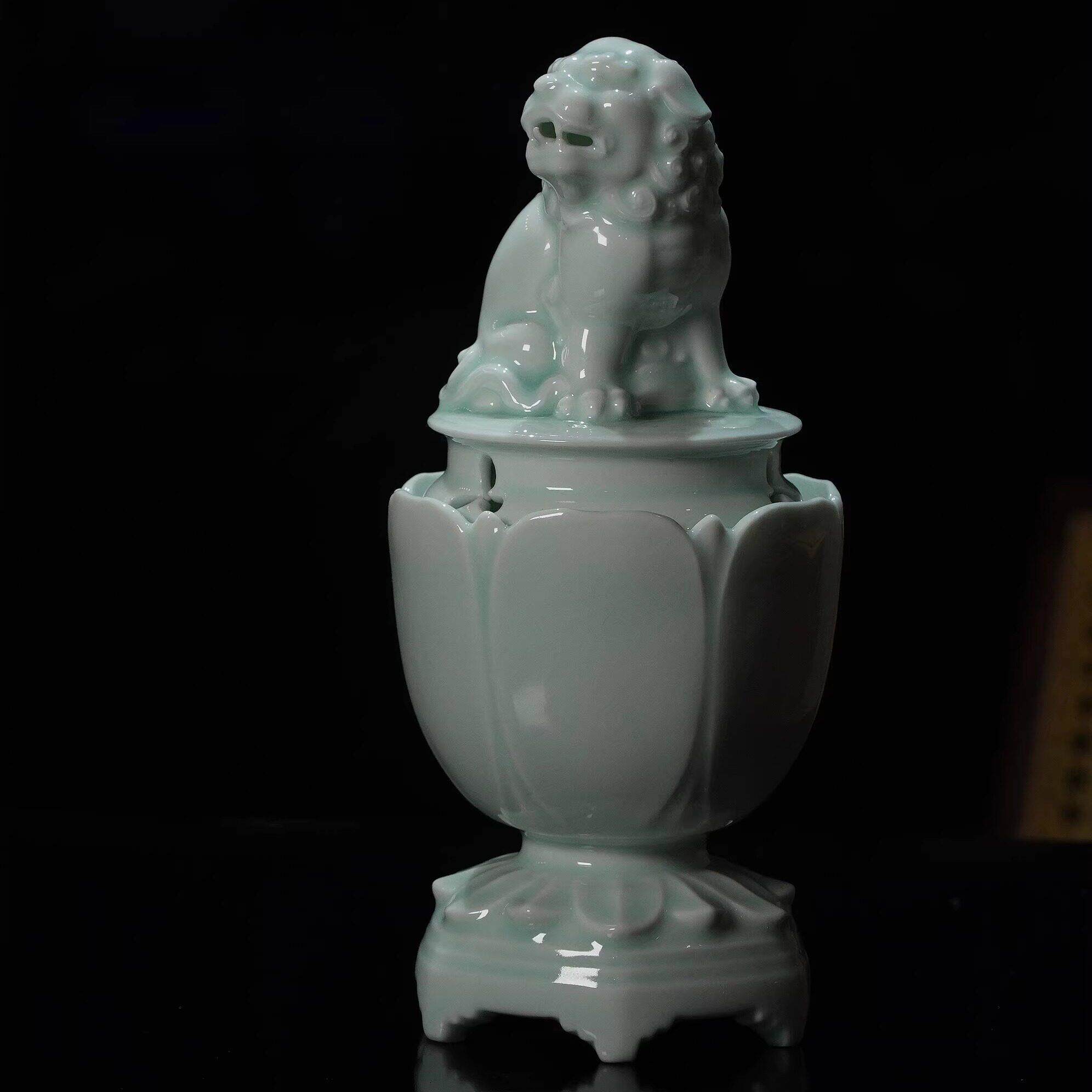大鱼美器 莲花狮薰炉 景德镇手工陶瓷香炉青白釉狮子香炉环香塔香