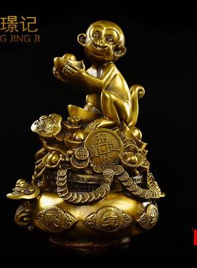 纯铜金猴献宝摆件开运风水聚宝盆猴子十二生肖猴客厅家居开业摆设