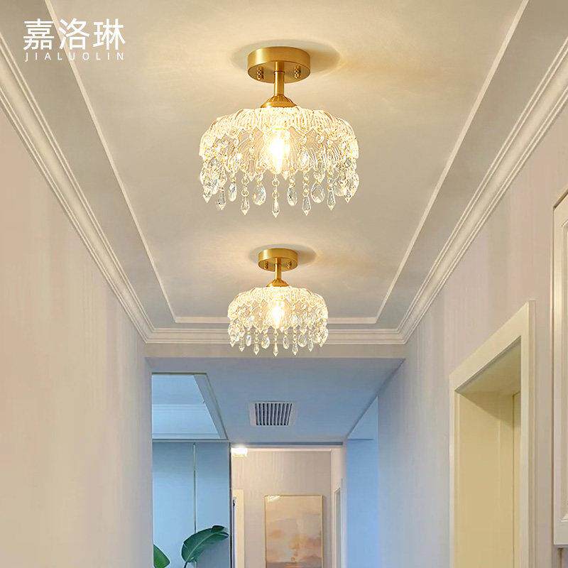 法式全铜玻璃水晶走道吸顶灯玄关衣帽间复古吸顶灯轻奢楼梯走廊灯