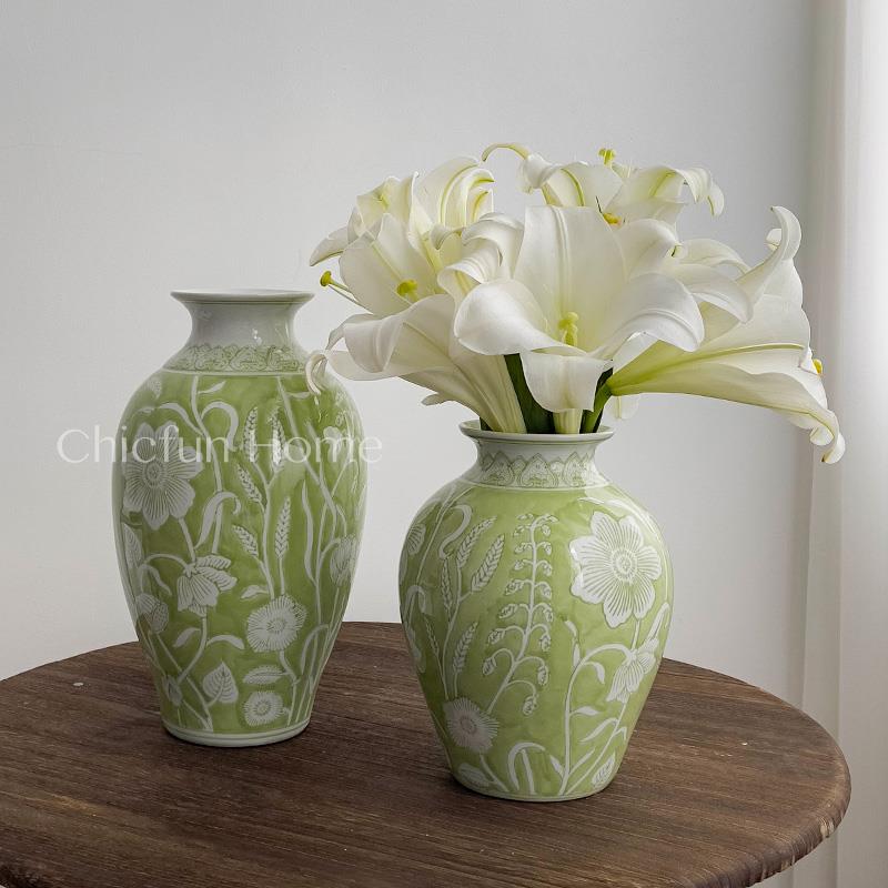 花瓶摆件客厅插花青花瓷轻奢高级感绿色水培陶瓷新中式复古景德镇