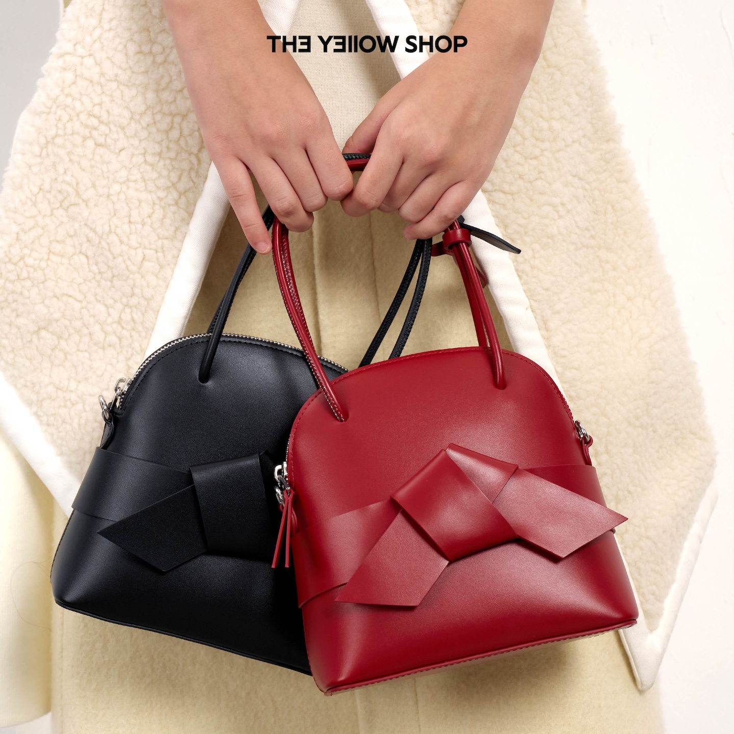 THE YELLOW SHOP25年冬季新款头层小牛皮手拎斜挎Ann贝壳绑结包