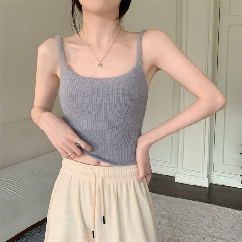毛绒绒针织吊带背心女秋冬内搭加厚保暖抹胸美背内衣修身打底上衣
