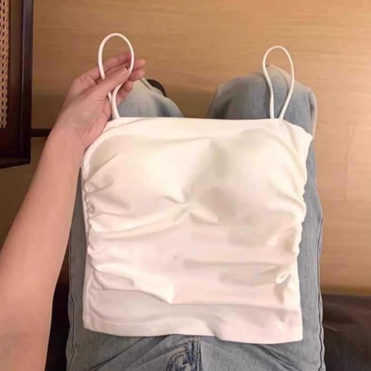 韩版纯欲一字肩纯棉吊带美背背心一体带胸垫短款打底无袖抹胸上衣