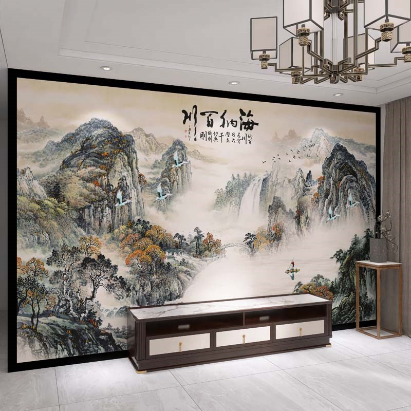 热销壁画3d立体中式山水电视背景墙壁纸客厅墙纸沙发装饰壁布影视图片