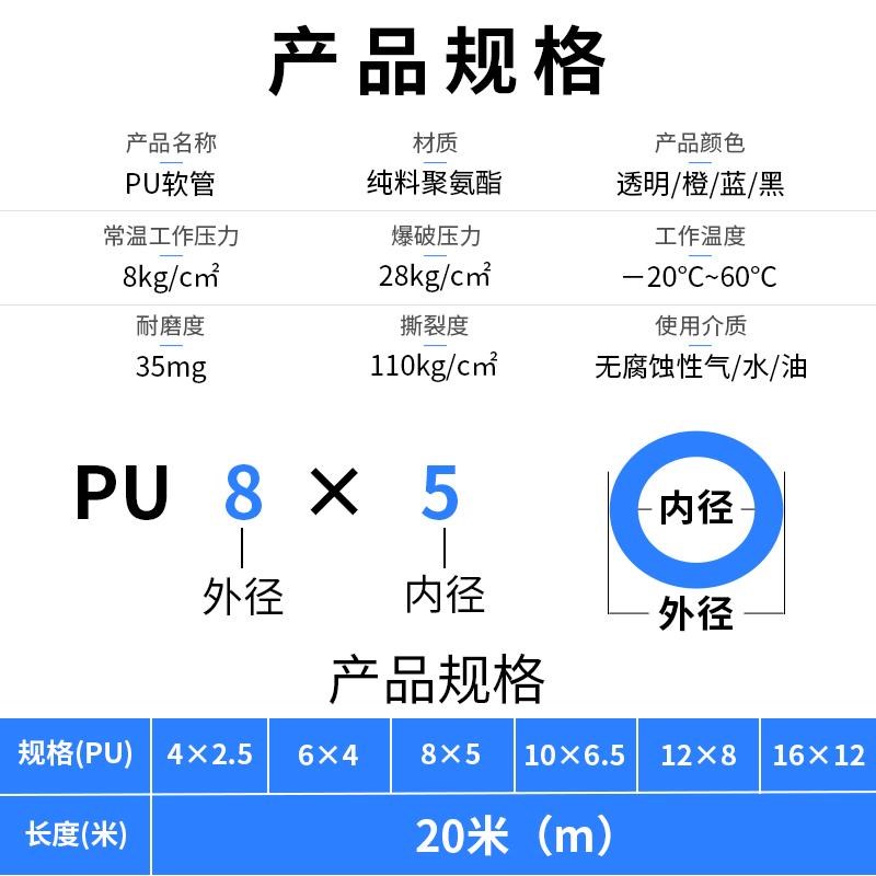 热销气动PU气管软管空压机气泵高压管防爆透明4压缩6/8/10/12/14/