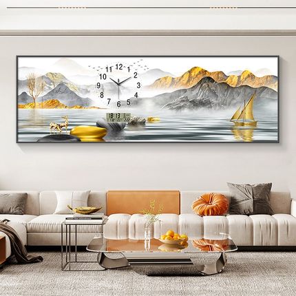 钟表挂钟客厅装饰画2024新款山水画沙发背景墙挂画万年历时钟挂墙