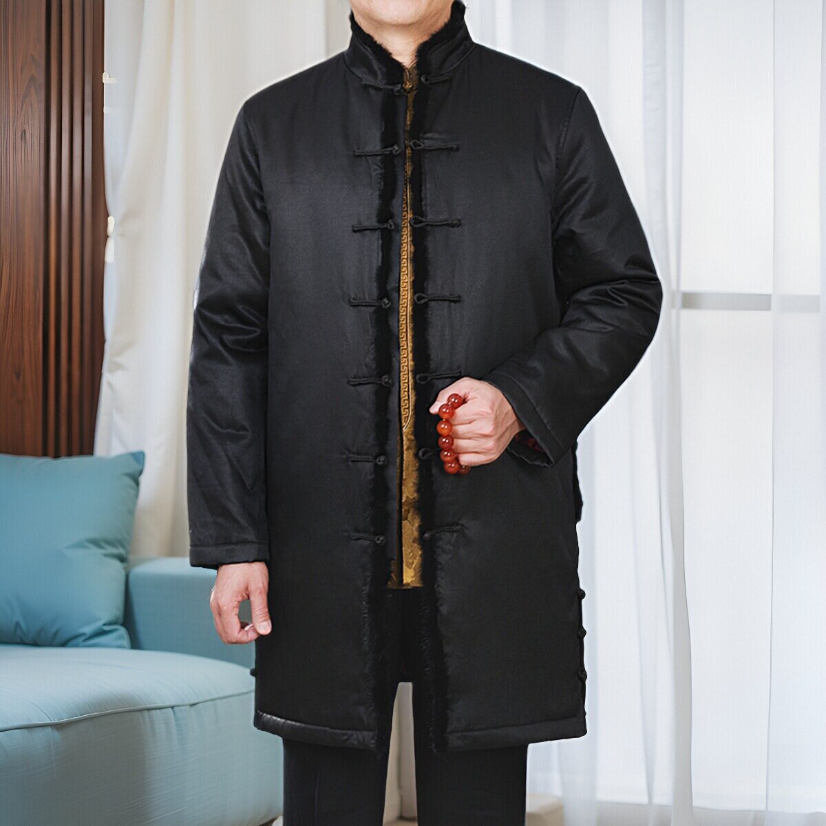 百福龙高档香云纱镶貂绒长款棉服新中式夹棉冬季长款外套夹棉棉衣