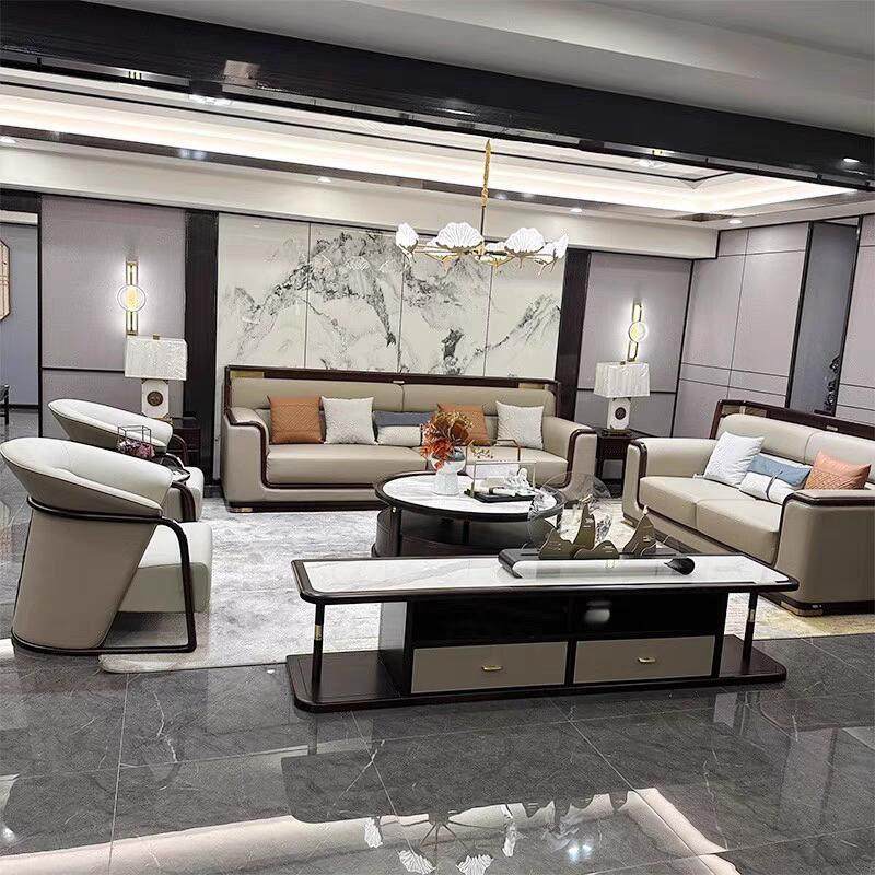 新中式实木真皮沙发组合轻奢简约现代大小户型客厅别墅极简沙发