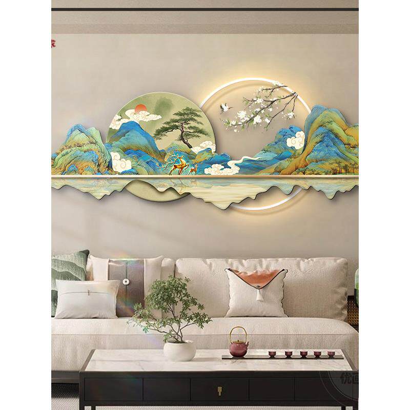 千里江山图客厅装饰画新中式沙发背景墙挂画轻奢大气山水发光壁画