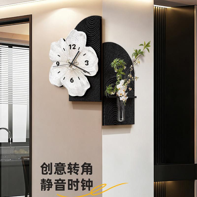 现代简约转角时钟客厅装饰画挂钟创意高级感双面拐角墙面钟表挂墙
