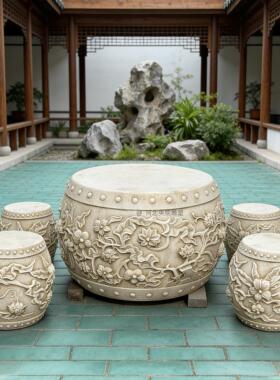 石雕汉白玉花纹石桌 缠理枝石桌石凳 中式复古圆形石桌石墩石凳