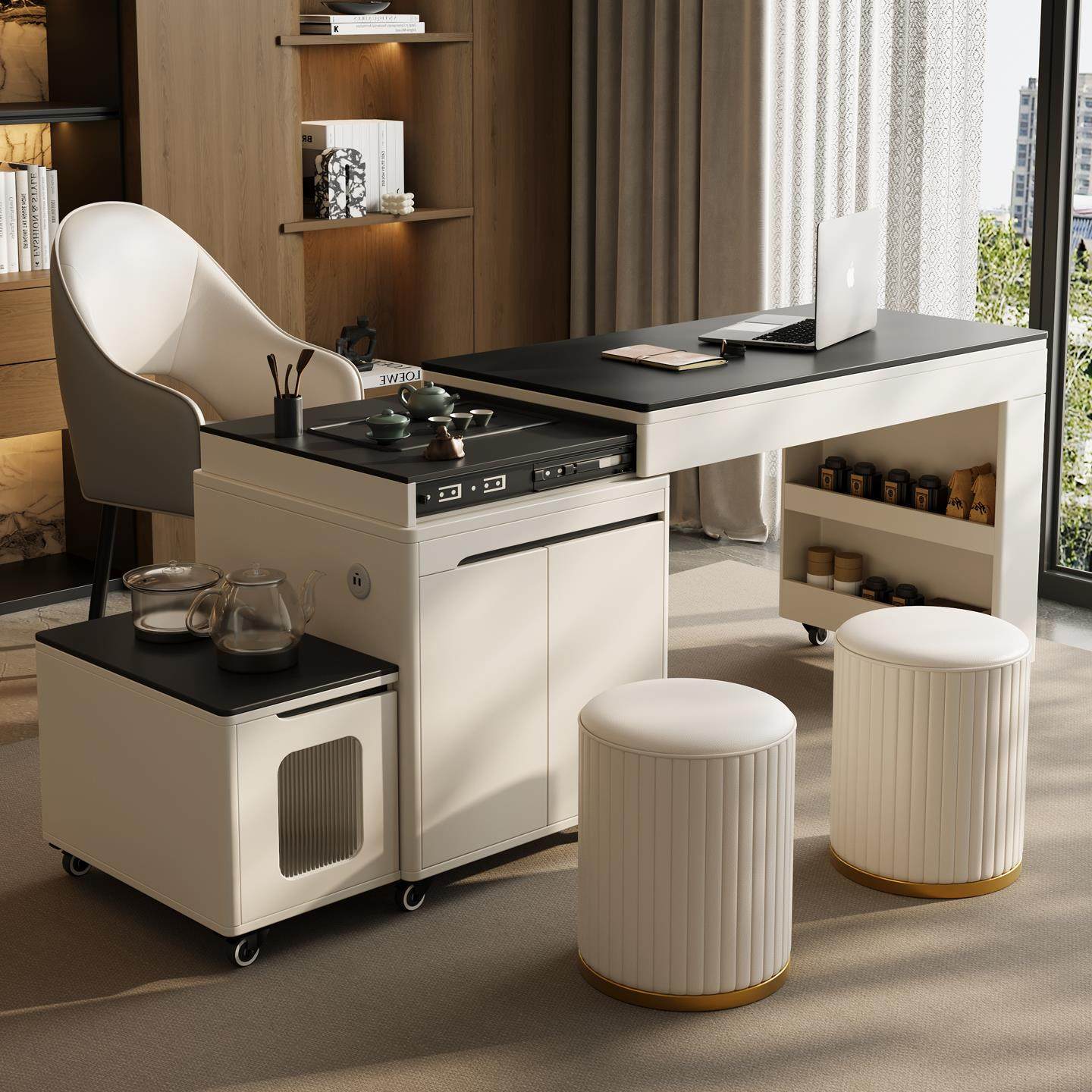 现代简约岩板茶桌椅组合小户型烧水壶一体可移动伸缩旋转阳台茶台