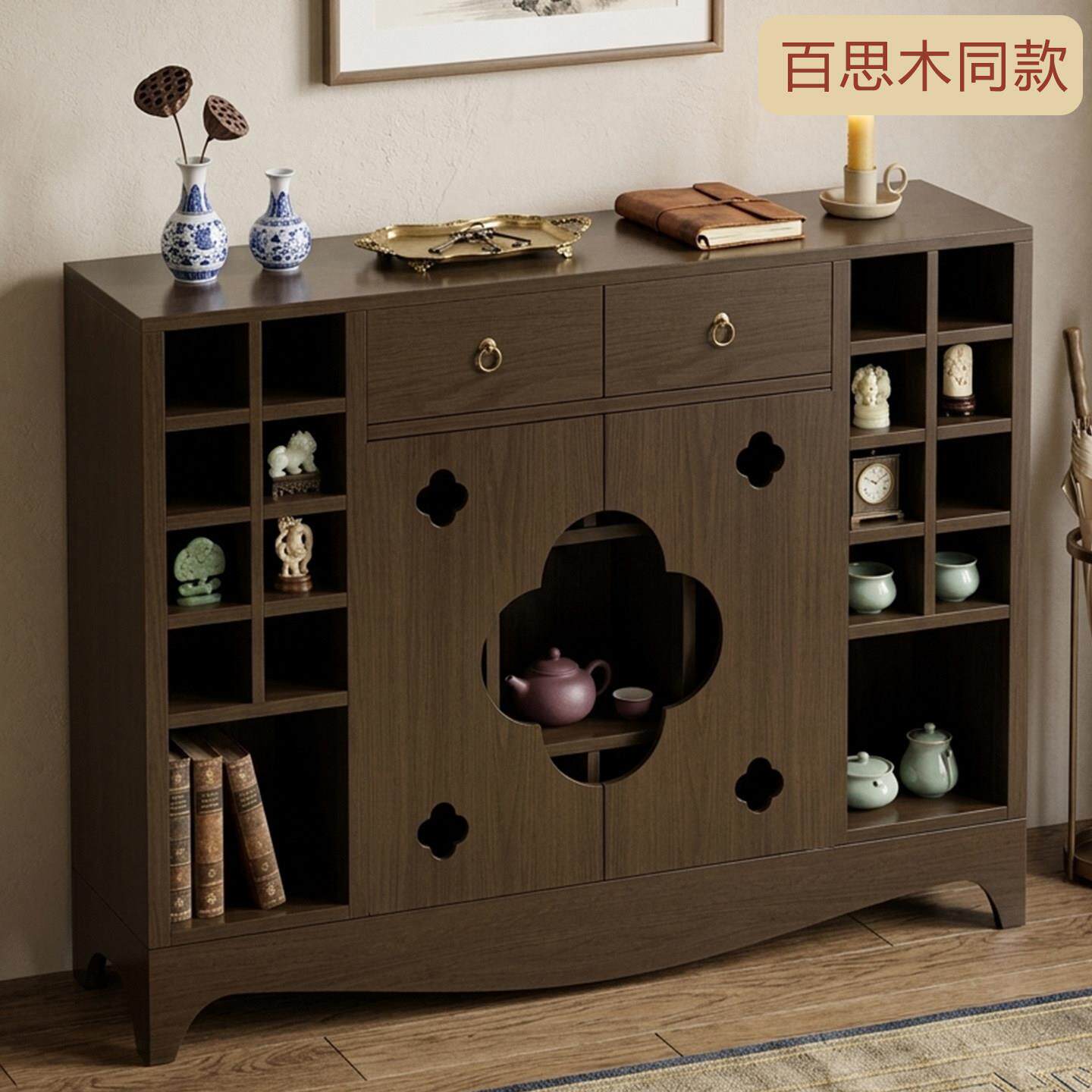 新中式胡桃木复古风博古架多宝阁茶具多功能组合收纳柜茶具展示架