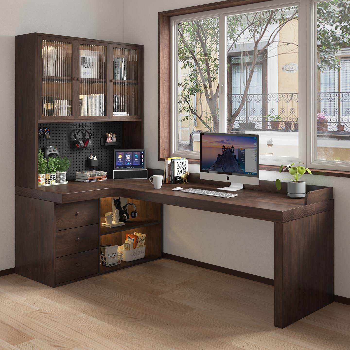 实木转角式电脑桌书柜一体靠墙l型卧室写字带抽屉拐角书桌洞洞板