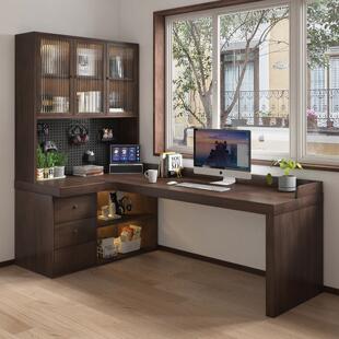 实木转角式电脑桌书柜一体靠墙l型卧室写字带抽屉拐角书桌洞洞板