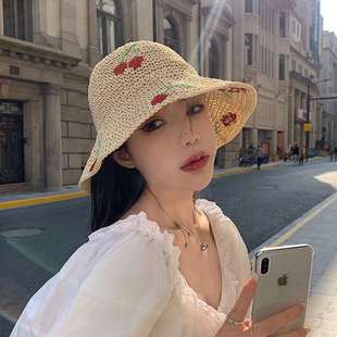 韓版 防曬海邊度假沙灘大檐遮陽草帽 手工櫻桃草編漁夫帽子女夏季