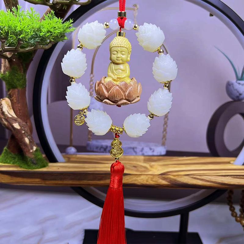 2024款佛佑平安莲花车内挂件手工桃木雕刻高档流苏车载挂饰后视