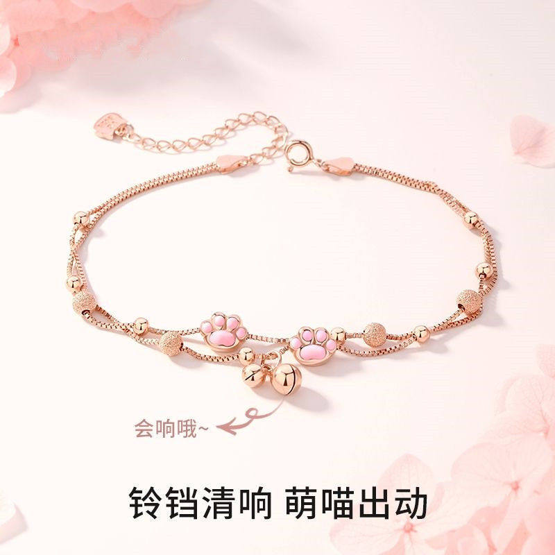 儿童脚链女童新款招财猫爪双层女ins新款小铃铛脚镯送女生小众网