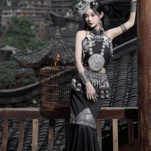 新款旅拍苗疆少女蜡染长裙服装