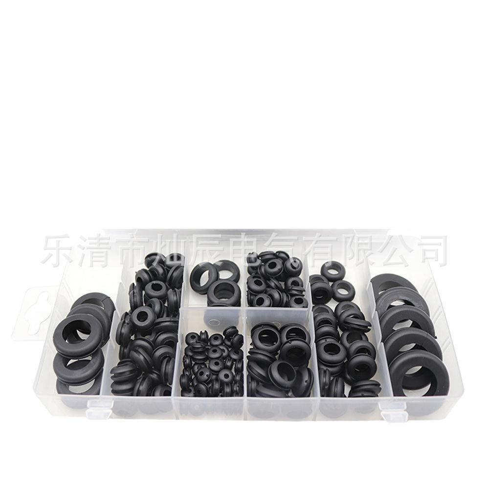 橡胶护线圈180PCS盒装橡胶护线环 黑色密封橡胶圈o型橡胶垫圈组合
