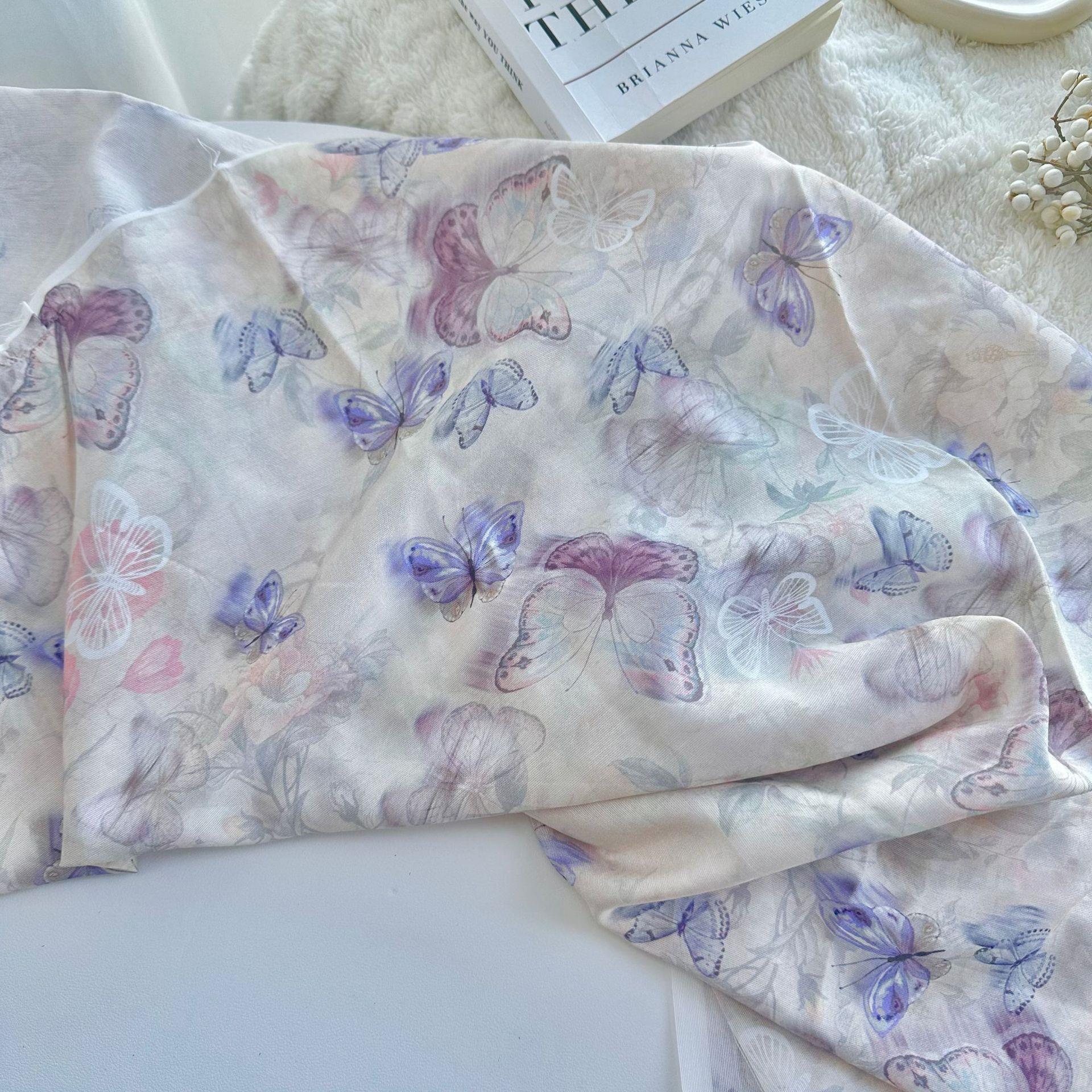 天丝苎麻数码印花面料 新中式国风蝴蝶布料 旗袍连衣裙汉服女装包