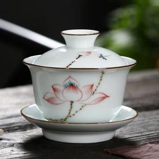白瓷手绘陶瓷盖碗茶杯大号泡茶三才碗功夫茶碗青花家用单个釉下彩