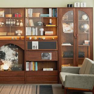 简约樱桃木黑胡桃色书柜全实木书架定制组合柜去客厅化满墙展示柜