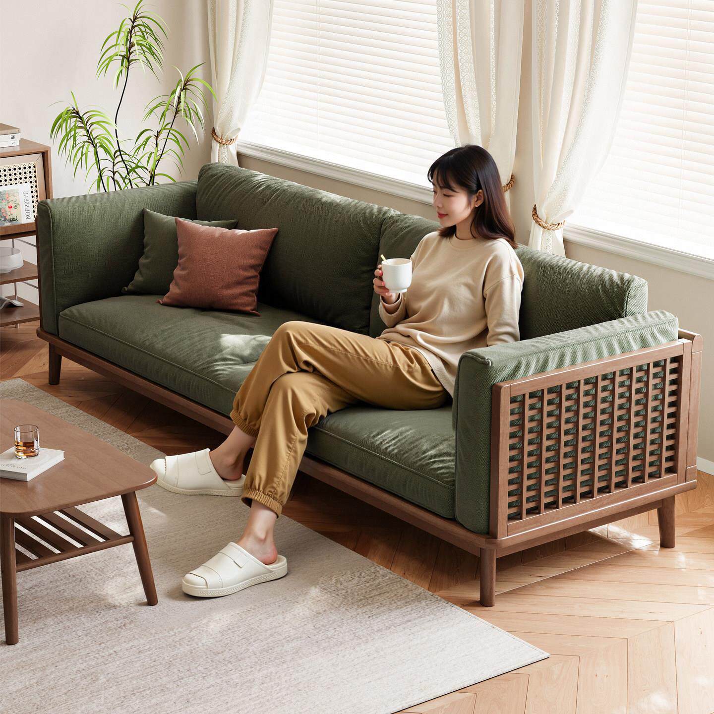 实木沙发客厅家用2025新款原木宋氏美学三人位直排木质布艺沙发