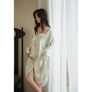 梦心声【超柔软】睡裙女冰丝长袖睡袍春秋季可外穿中长版印花睡衣