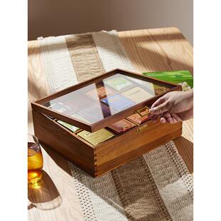 咖啡茶包收纳盒分格带玻璃盖实木桌面戒指首饰手表文玩手串收藏盒