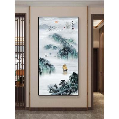 玄关装饰画竖版高山流水入户进门走廊过道新中式山水挂画客厅壁画