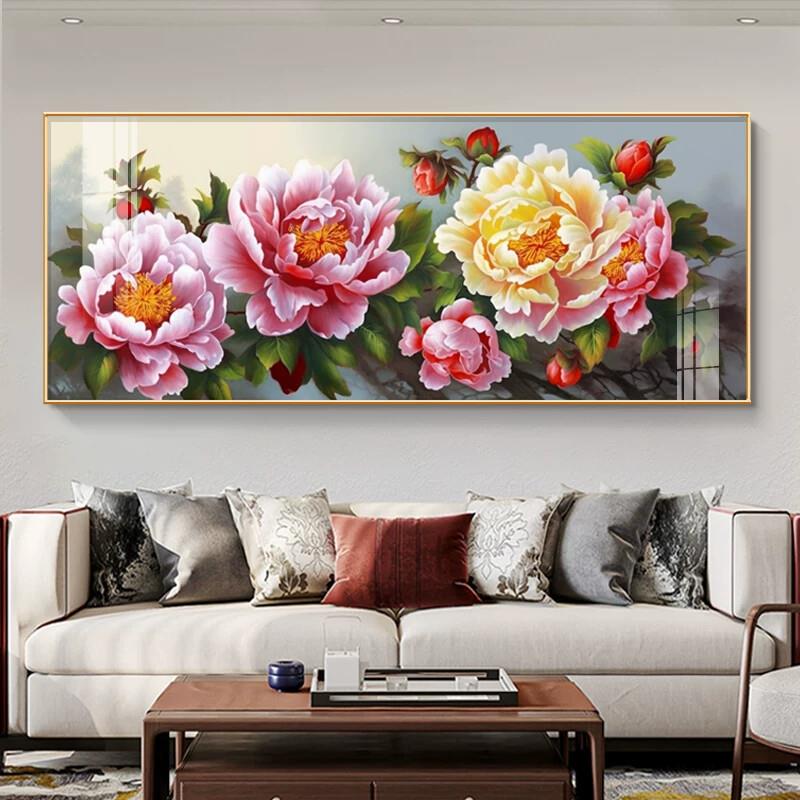 新中式牡丹图挂画客厅沙发背景墙装饰画花开富贵大幅高档晶瓷壁画