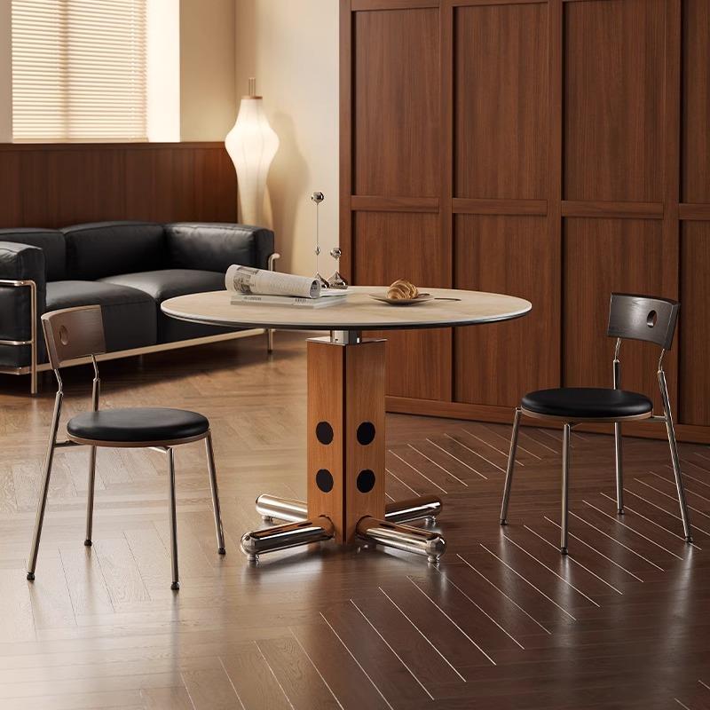 中古风圆形岩板餐桌法式复古家用北欧小户型不锈钢腿洞石岩板饭桌