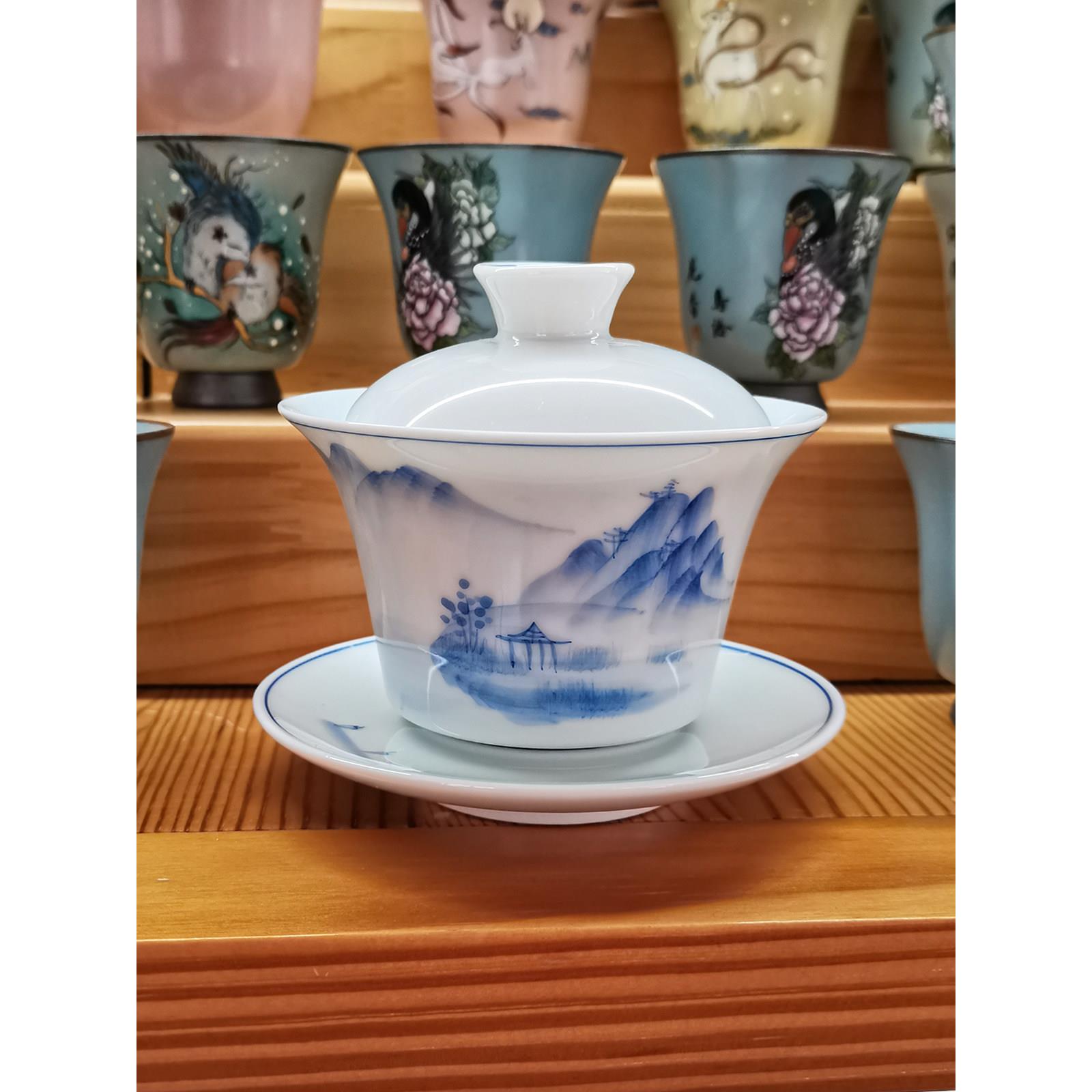 高档手绘三才盖碗山水青花瓷功夫茶具单个泡茶碗家用送礼敬茶碗