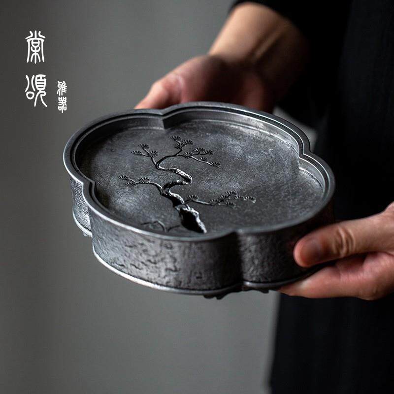 棠颂丨手工中式覆古纯老锡壶承干泡台茶盘功夫茶具建水茶承托 托