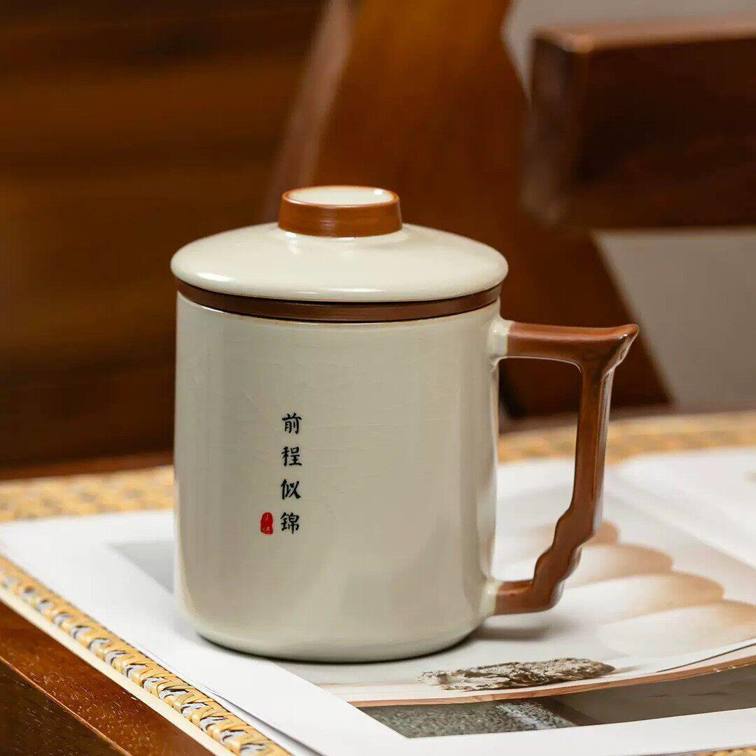 汝窑办公杯茶水分离大容量茶杯带盖子陶瓷功夫茶具办公室泡茶杯YK
