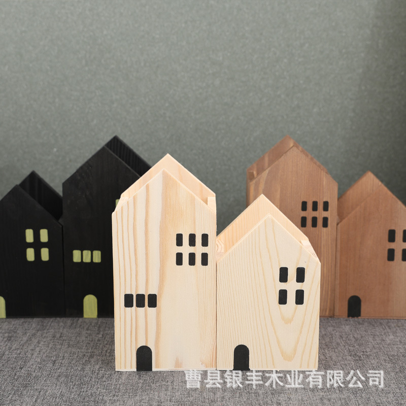小房子笔筒木质桌面摆件 创意彩笔铅笔整理盒 桌面化妆刷收纳盒