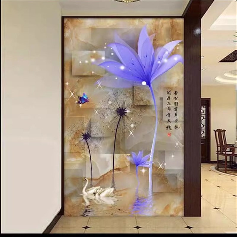 热销雅固8d冰雕墙布壁画欧式油画墙纸玄关过道走廊背景墙壁纸花卉