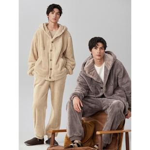 加厚法兰绒保暖家居服 抗静电 珊瑚绒睡衣男秋冬季 休闲连帽男款