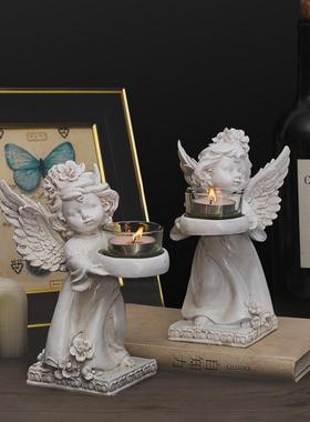 欧式站姿复古做旧翅膀天使手托烛台聚会餐厅客厅浪漫气氛装饰摆件