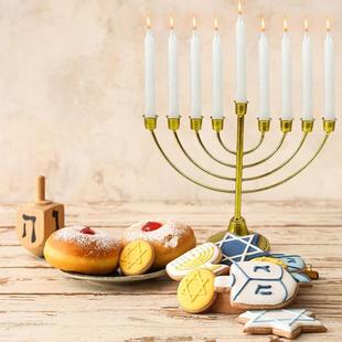 跨境以色列九头烛台光明节金色铁艺蜡烛台节日祈祷复古蜡烛杯摆件